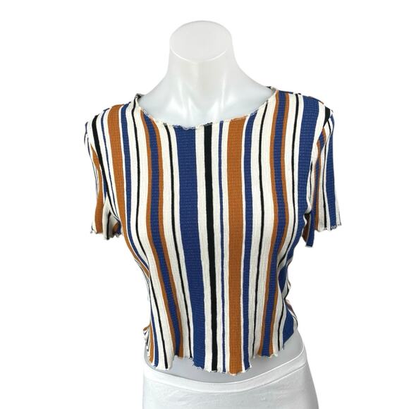 Love Tree Multicolor Striped Knit Short Sleeve Stretch Crop Tee Shirt Top Size M - Picture 1 of 4